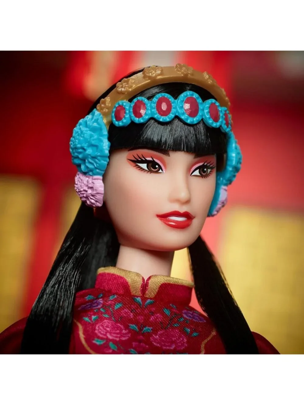 Lunar New Year Collectible Doll in Red Floral Robe with Accessories & Stand